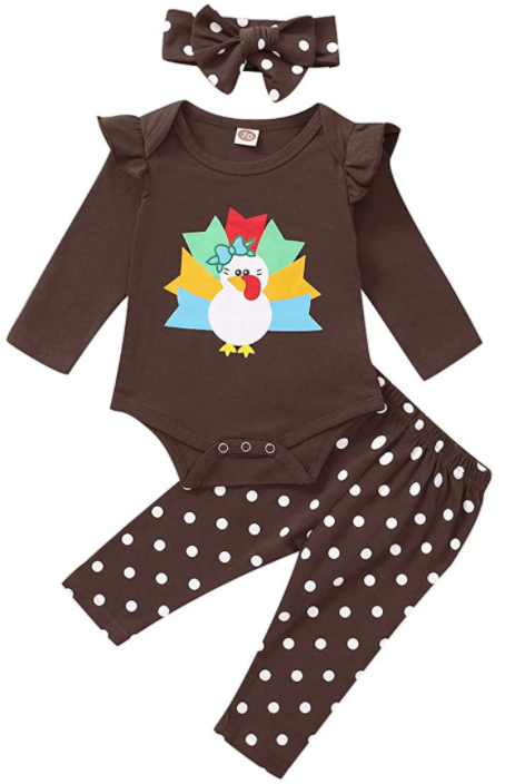 Baby Thanksgiving Outfits Baby Girl Thanksgiving Outfit - Turkey Romper & Pumpkin Flare Pants 3-Piece Set Thanksgiving Baby Costume