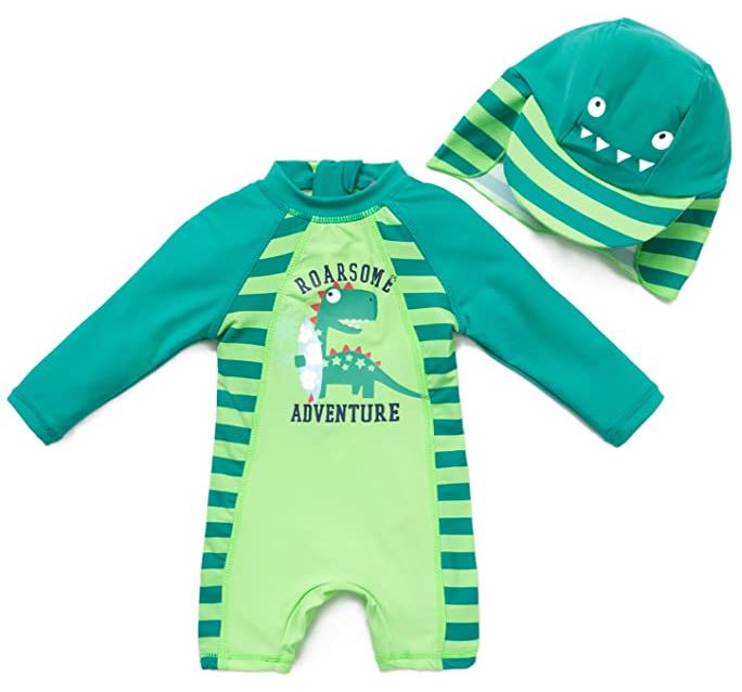 BONVERANO baby boy green dinosaur one piece swimsuit with UPF and hat
