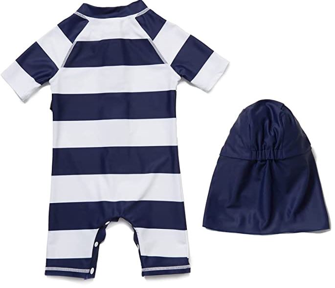 Bonverano baby boy one piece swimsuit with striped, snaps, and matching hat