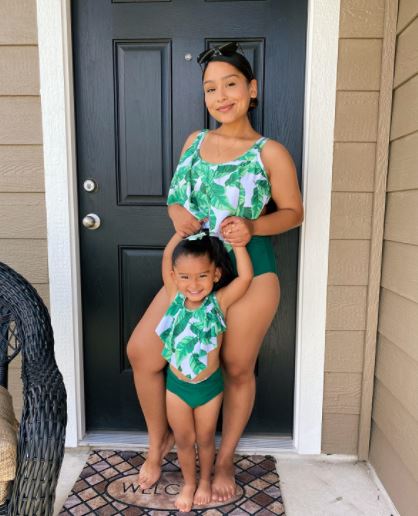 KABETY matching mom and daughter swimsuit bikini in green with flounce top