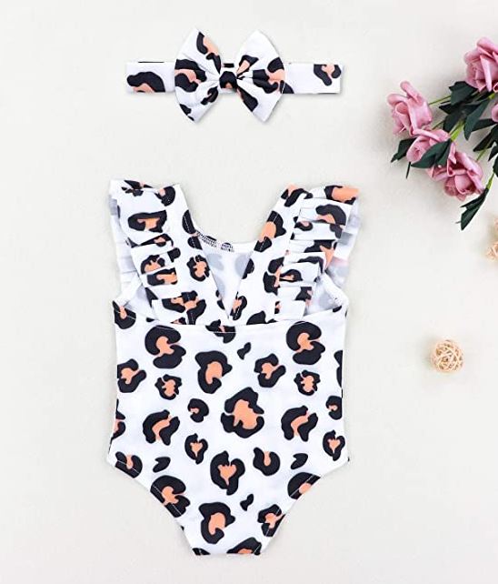 KANGKANG Newborn Baby Girls Swimsuit Ruffle Collar Floral Swimsuit Two Piece Bikini Sunsuit UPF 50+ UV with leopard print