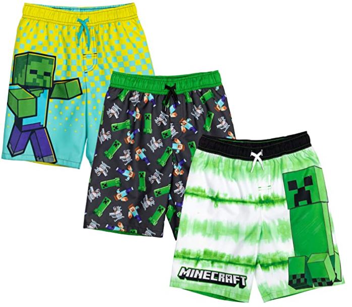 best Minecraft zombie swim trunks for toddler boys and boys sizes 5-6, 7, 8, 9, 10-12, and 14-16 
