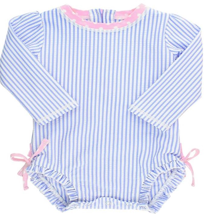 RuffleButts Baby/Toddler Girls Long Sleeve One Piece Swimsuit with UPF 50+ Sun Protection in periwinkle with snaps