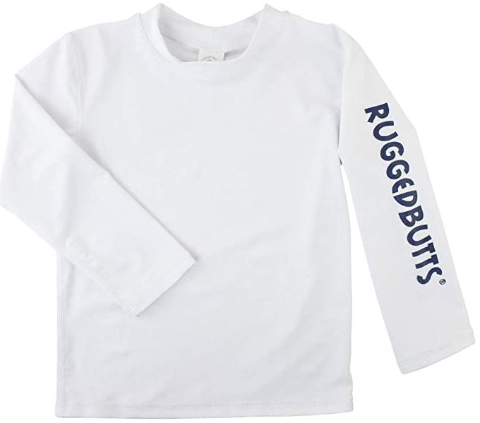 RuggedButts toddler boy white rash guard with long sleeves