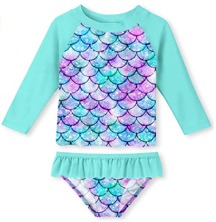 UNIFACO Toddler Girl swimsuit with fish scales and mermaid and UPF 50 rash guard with long sleeves