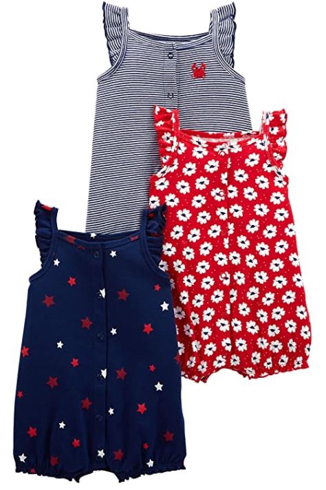 baby girl 4th of July 0-3 months rompers with snaps in red, white, and blue for summer cute baby girl clothes