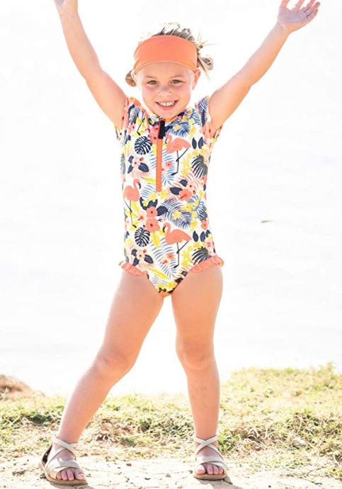 best one piece swimsuit with zipper for toddler girl by RuffleButts on Amazon with zipper