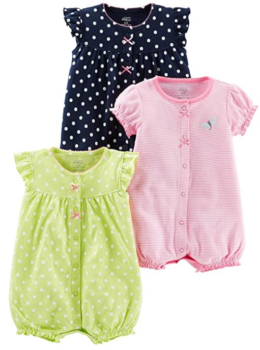 cute Simple Joys by Carter's Girls' 3-Pack Snap-up Rompers for baby girl 0-3 months in polka dot, pink, and lime green