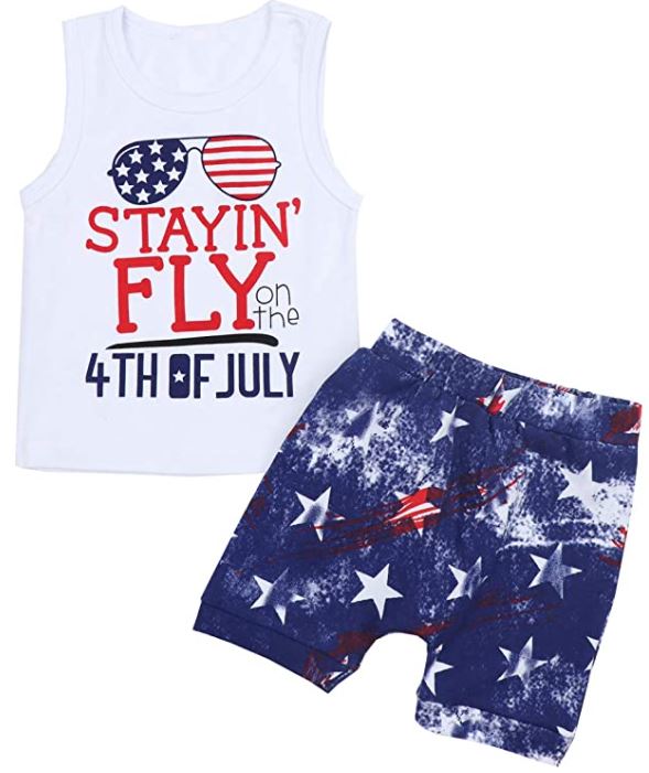 Baby Boy 4th of July outfit with blue shorts and "Stayin' Fly" on the 4th of July t-shirt