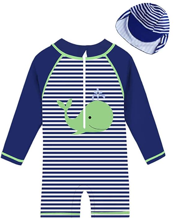 uideazone baby boy navy blue and green whale swimsuit and rash guard with UPF 50 and zipper