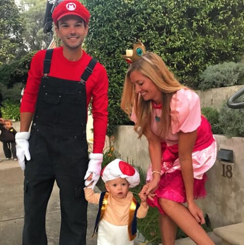 family of 3 family Halloween costumes with Mario Brothers and Peach family Halloween costume with baby toad