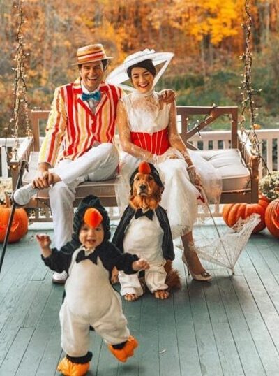 family of 3 Disney Mary Poppins family Halloween costumes with dog