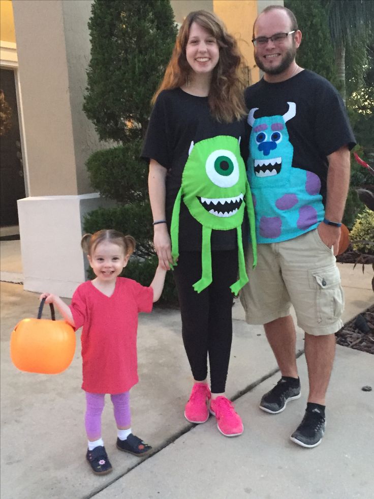Disney's Monster's Inc. family Halloween costumes with pregnant mom, dad, and toddler girl