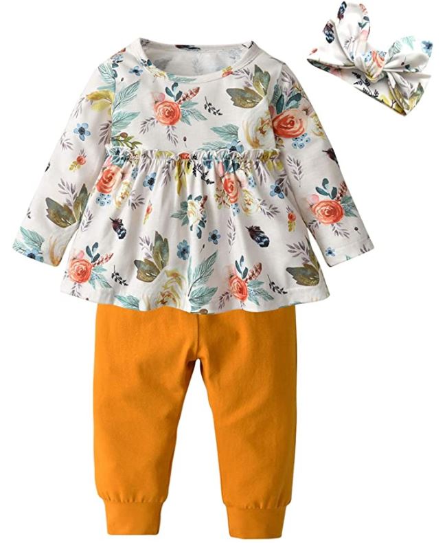 baby girl clothes for fall with bow, sweatpants, and floral print on Amazon