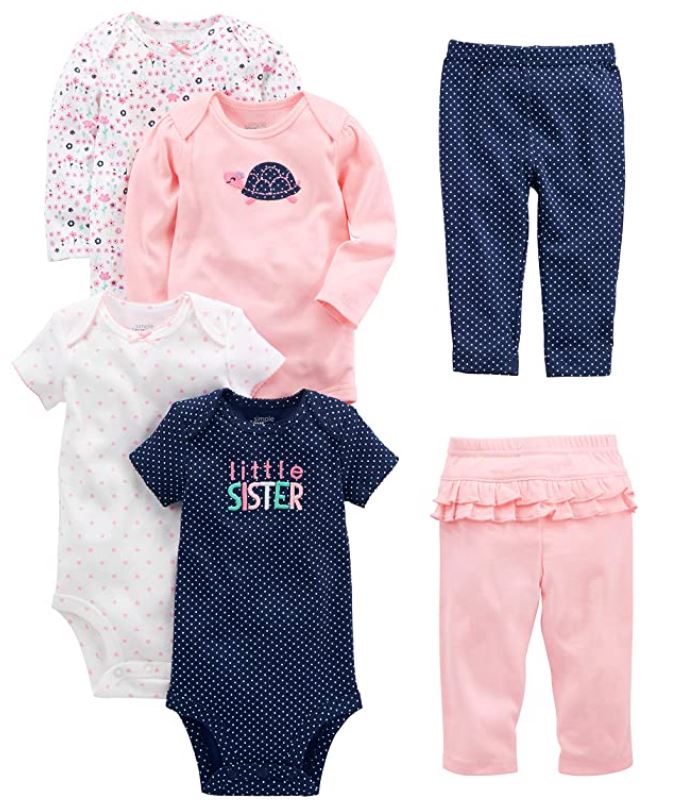 Simple Joys 6 piece fall outfit for baby girl in pink and navy blue