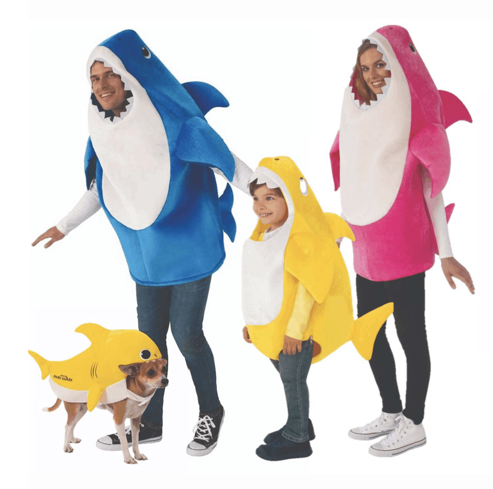 Baby Shark family Halloween costumes for mom, dad, kid, and dog