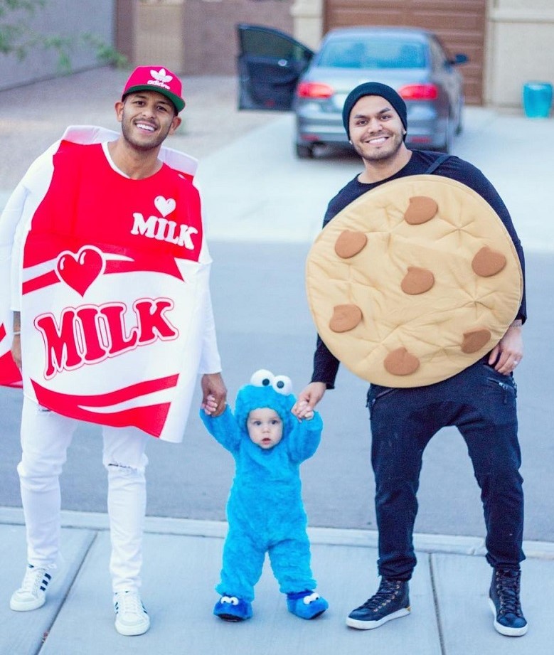 gay couple family Halloween costume with baby with milk, cookie, and cookie monster