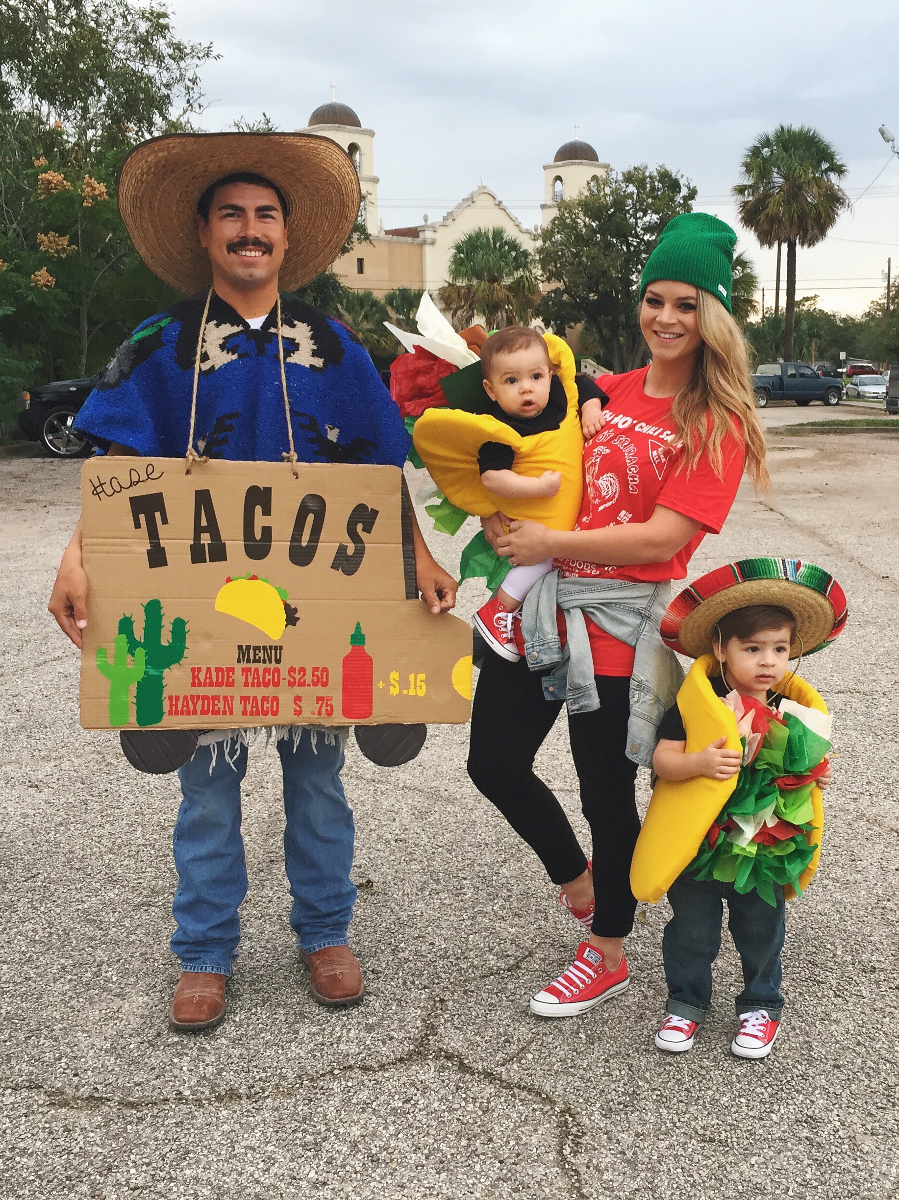 family of 4 Halloween costumes with tacos and dog
