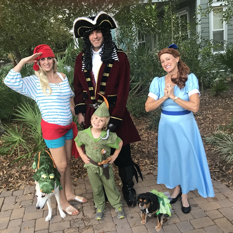 Disney Peter Pan Family Halloween costume with 4 adults and two dogs