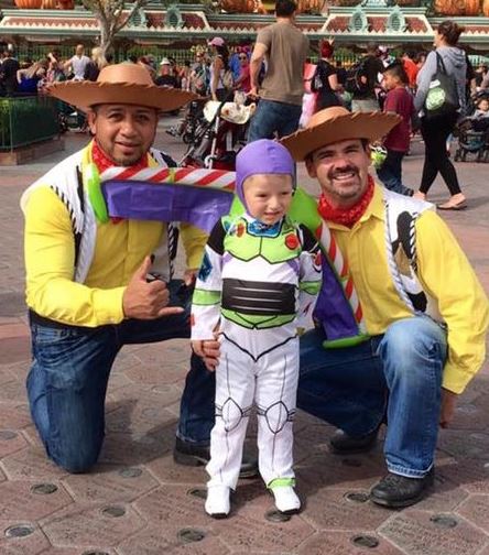 Disney Toy Story Halloween costumes with two gay dads and baby or kid for Halloween