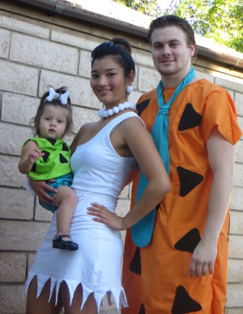 family of 3 The Flintstones easy family Halloween costume idea