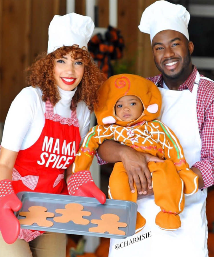 cute family of 3 Halloween costume with gingerbread man and bakers
