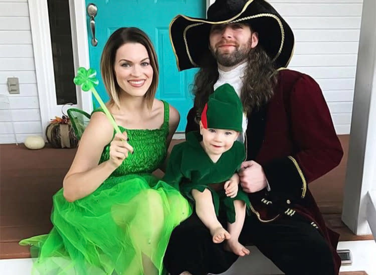 family of 3 Disney Halloween costume with Peter Pan, Hook, and Tinkerbell