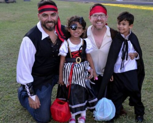 Pirates Halloween costume idea for gay dads with kids or babies