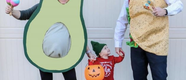 gay dad Halloween costumes with baby with avocado, hot sauce, and tacos