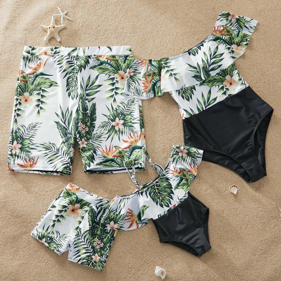 Cheap Matching Family Swimsuits and Swim Trunks for Baby Boy, Baby Girl, Mom, Dad in Tropical Hawaiian Print